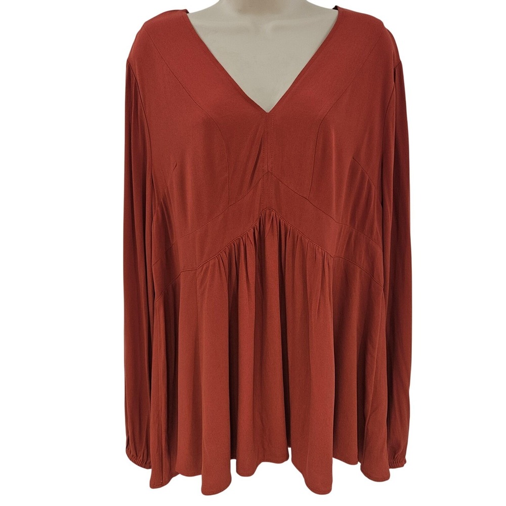 Torrid Babydoll Top Womens Large Long Sleeve V Neck Rayon Tandoori Spice Red